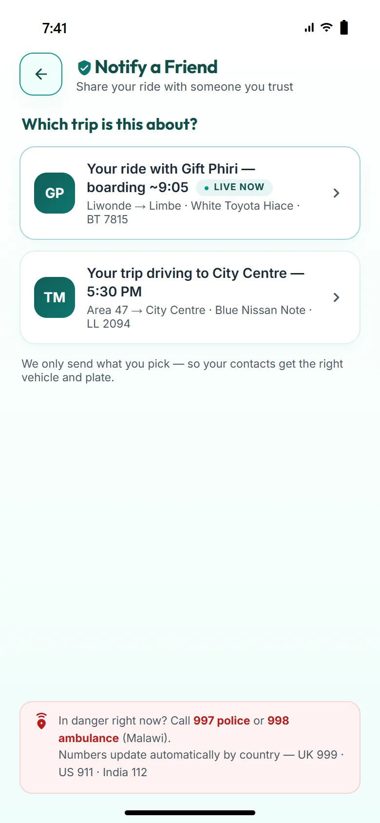 Notify a Friend screen for sharing a trip with trusted contacts