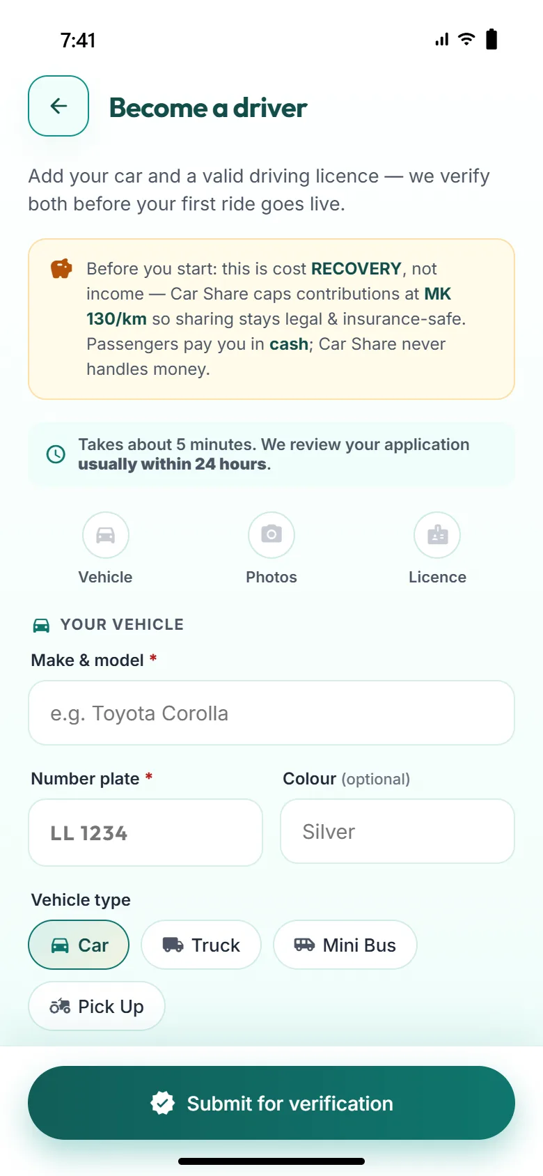 Become a driver form asking for vehicle details and licence