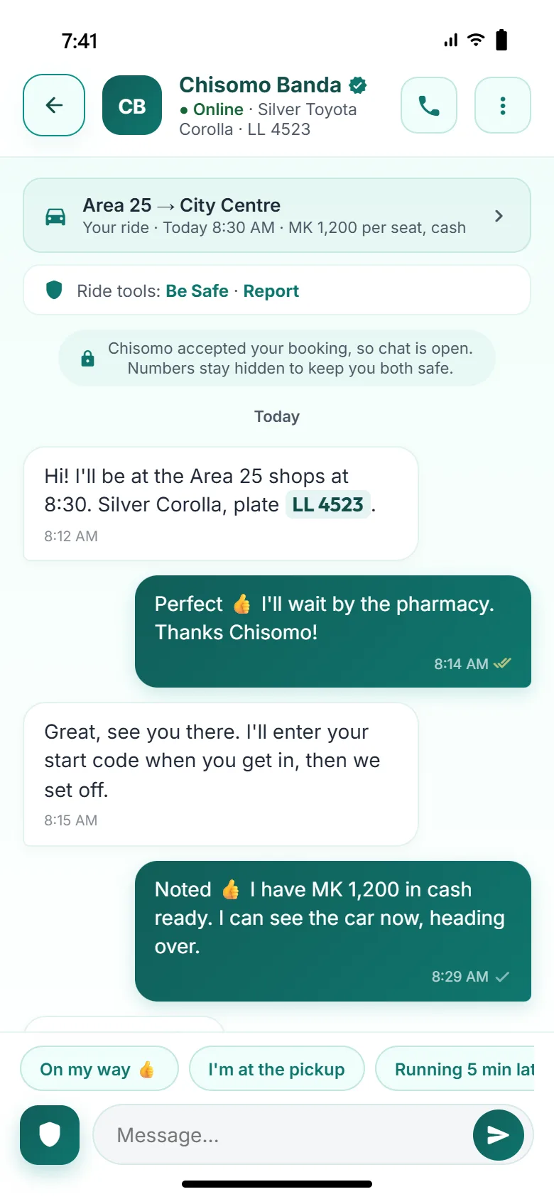 Chat between passenger and driver with numbers hidden