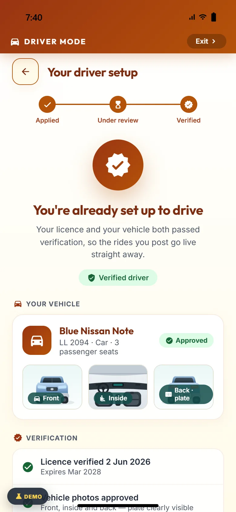 Driver setup screen showing Applied, Under review and Verified with a verified driver badge