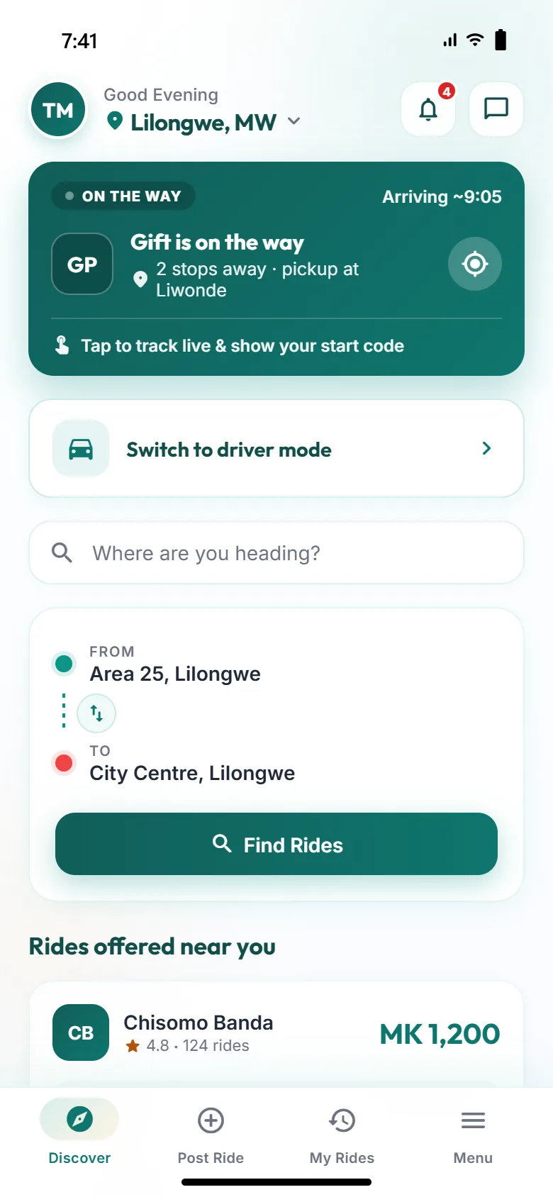 Car Share home screen: an active ride, the From and To search and rides offered nearby