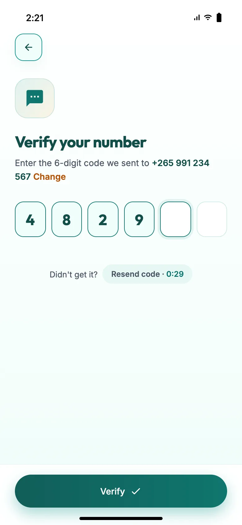 Verify your number screen with boxes for the 6-digit SMS code and a resend timer