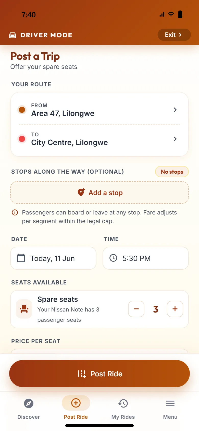Post a trip screen where a driver sets the route, time and spare seats