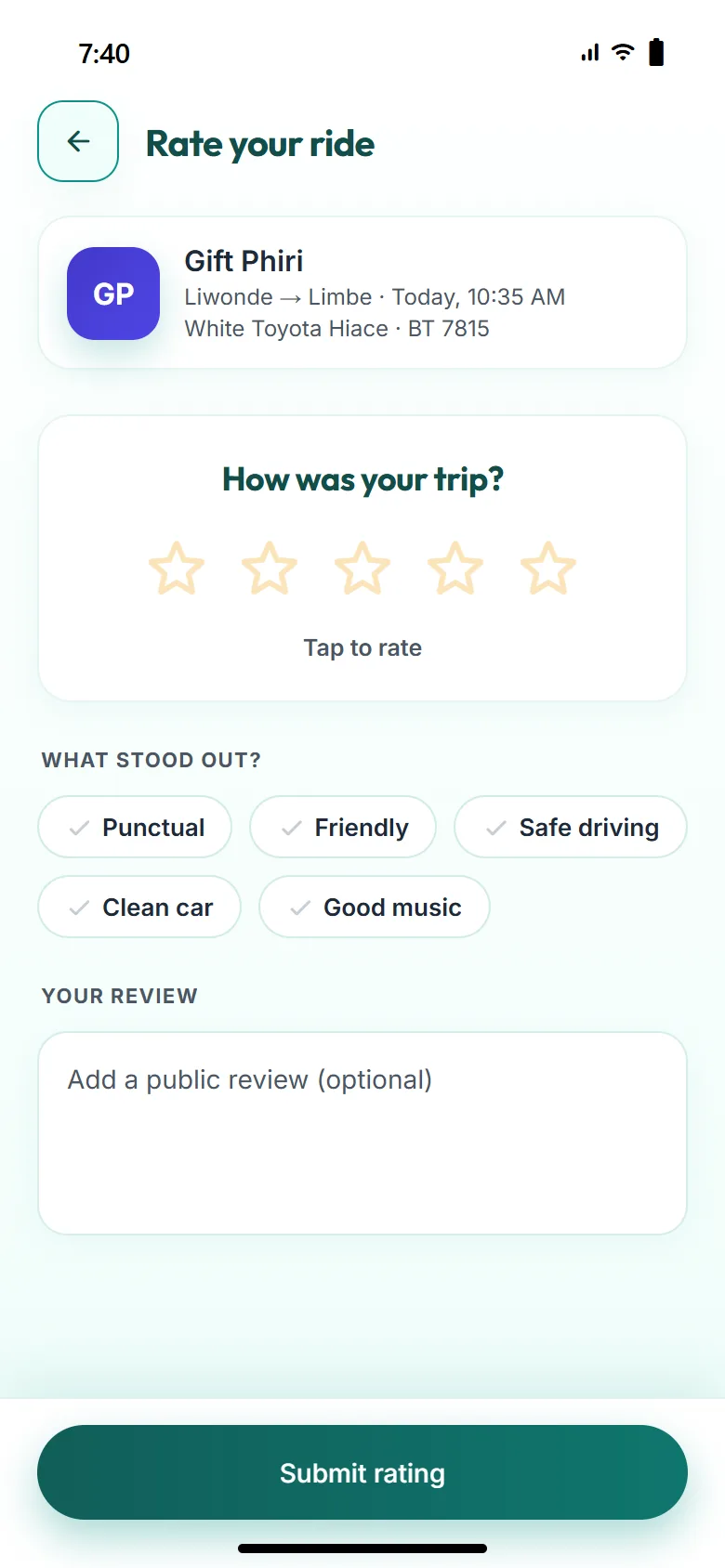 Rate your ride screen with star rating and tags