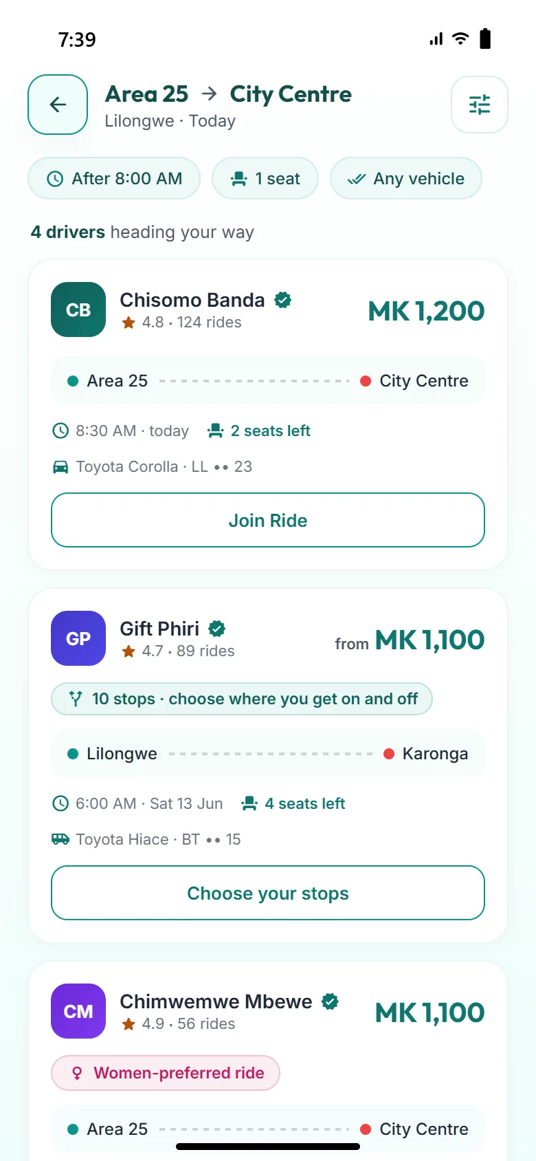 Search results showing drivers heading your way