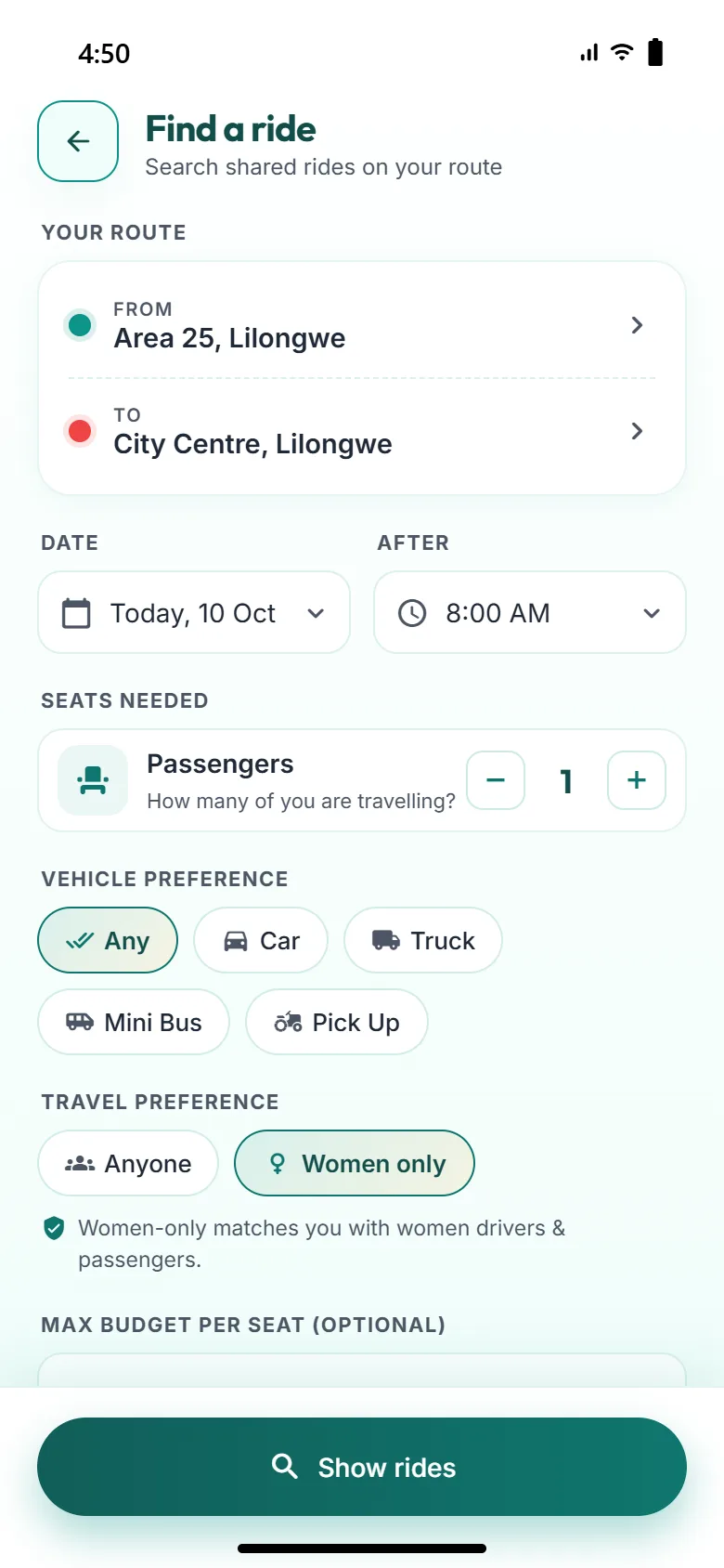 Find a ride screen with the travel preference set to Women only