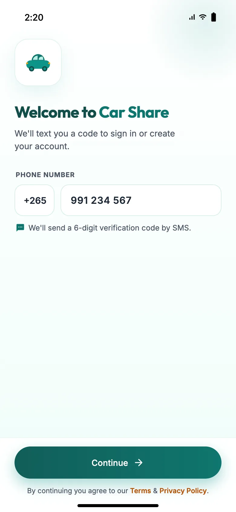 Sign-in screen asking for a phone number, with the country code already filled in