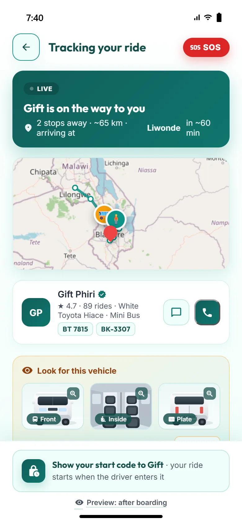Live tracking screen with the driver on a map and vehicle photos