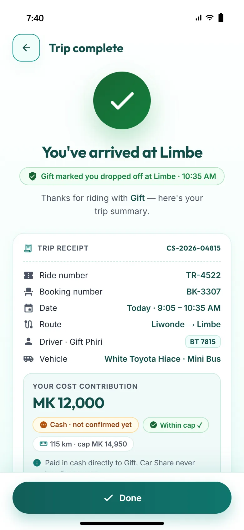 Trip complete screen with a cost contribution receipt