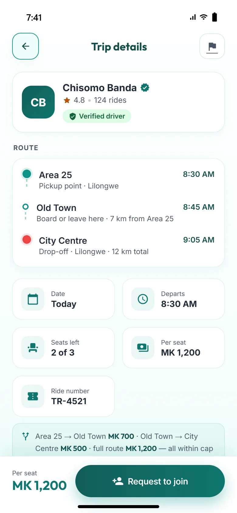Trip details for a ride from Area 25 to City Centre at MK 1,200 per seat